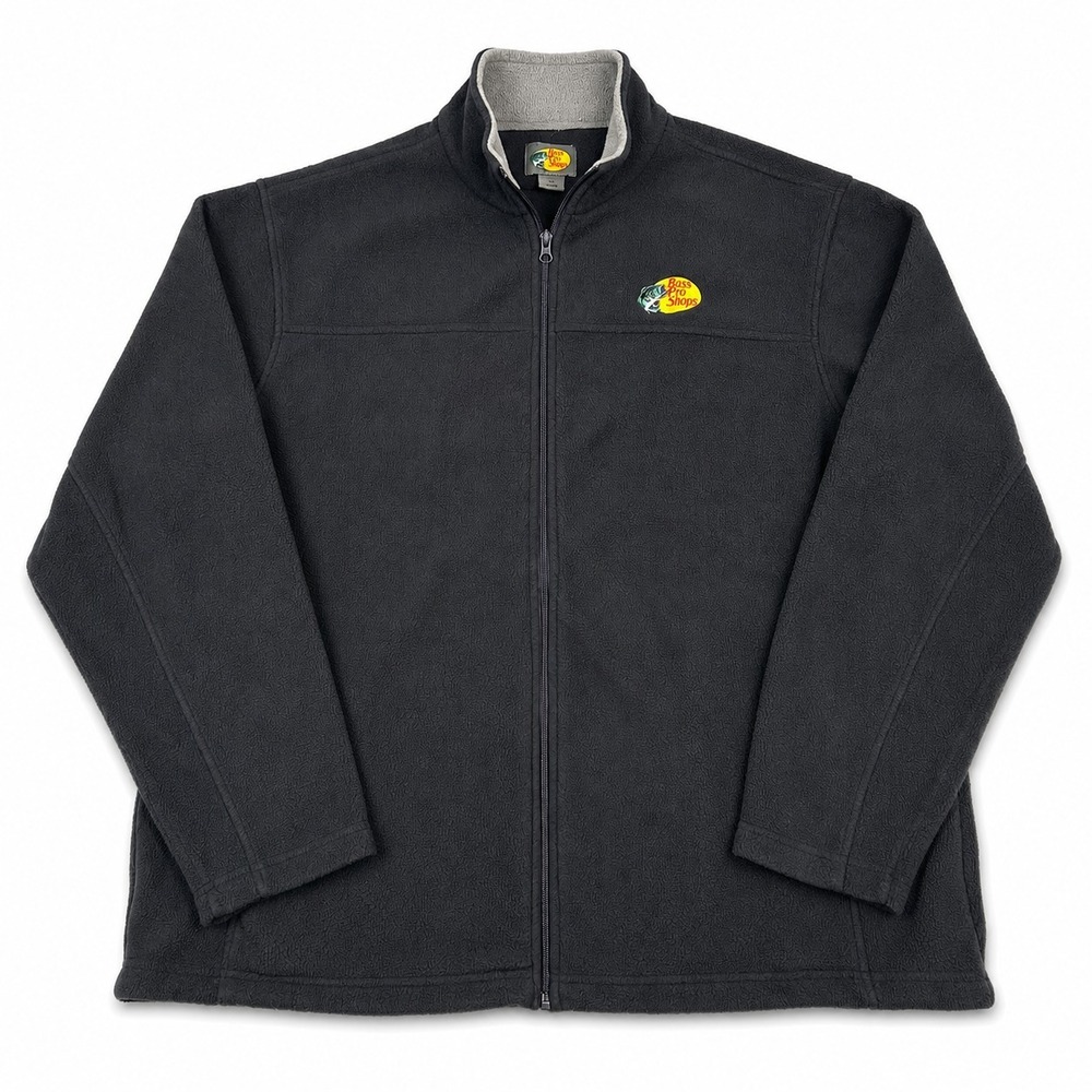 Bass Pro Shops Fleece Jacket Mens XL Black Full Zip Outdoor Fishing Hunting Logo